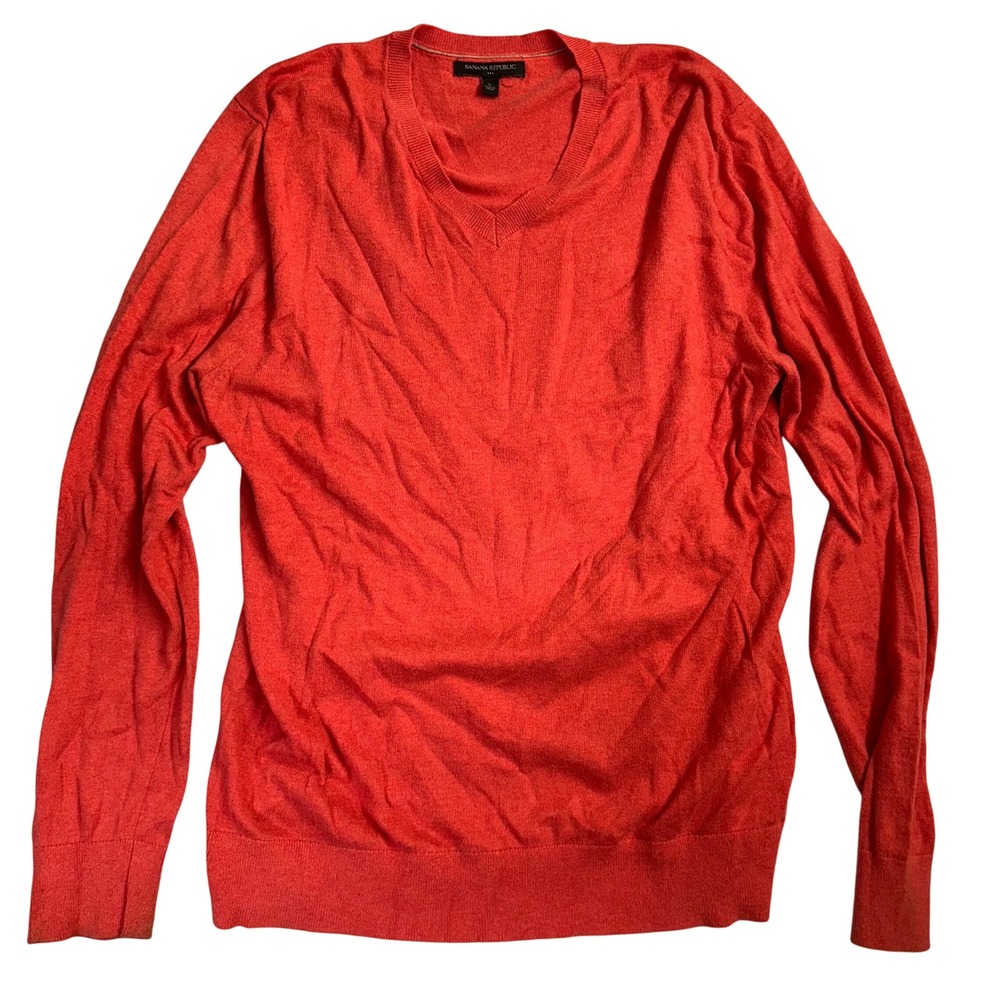 Banana Republic Mens V-Neck Sweater Large Coral Orange Knit Pullover sz Large